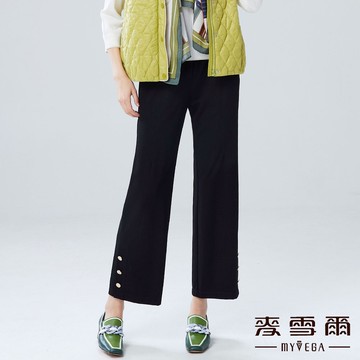 Myvega麥雪爾 MIT鬆緊腰褲管造型金釦九分寬褲-黑
