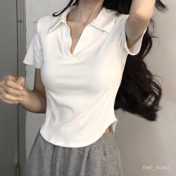 P3-[限時特賣]T恤 短袖T恤 短袖上衣 女生上衣 200剋純棉精梳緊密不規則短款POLO領T恤女