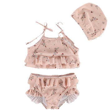 愛北鼻 ins女童吊帶分體泳衣套裝 (泳衣+泳褲+泳帽)  100碼 / 建議90-100cm  粉碎花