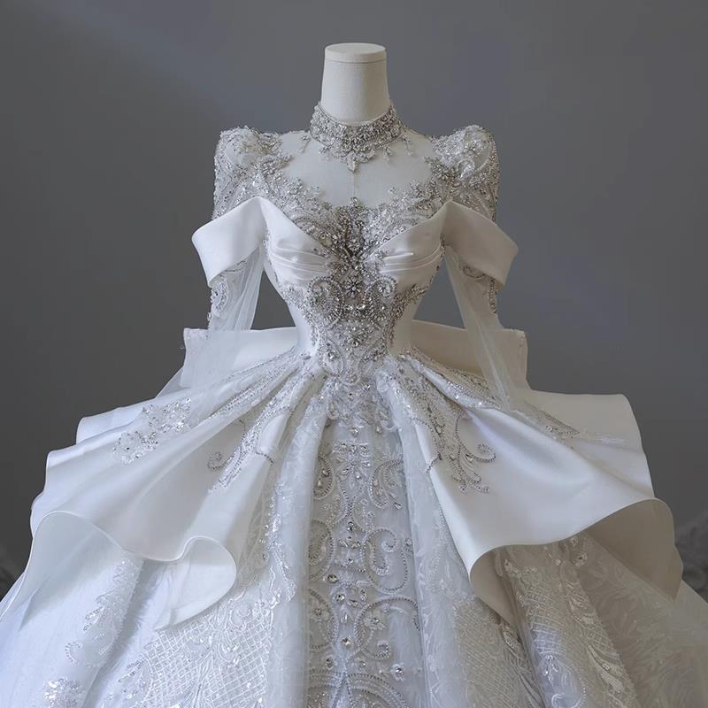 【台灣公司 超低價】法式重工婚紗新娘2024新款緞面主紗高級質感婚服復古長袖優雅氣質