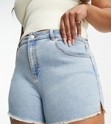 Simply Be frayed hem denim shorts in light blue wash