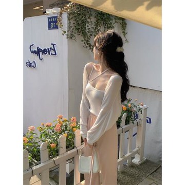 夏季溫柔風罩衫吊帶背心披肩開衫防曬衫女秋冬兩件套甜美針織上衣