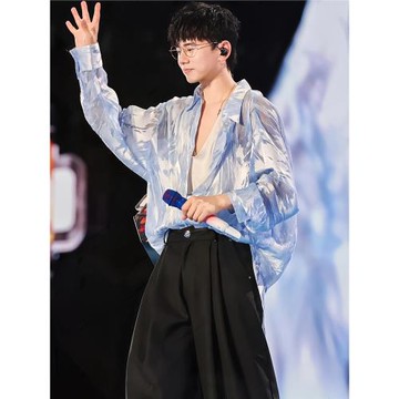 張杰明星同款【1982巡回演唱會】寬松休閑翻領設計襯衣藍外套男潮