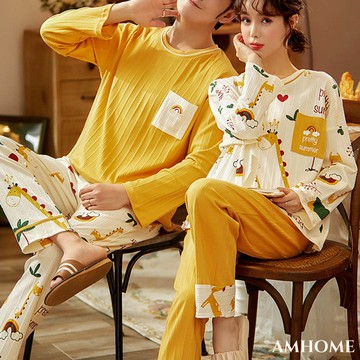 【Amhome】鹿時情侶睡衣長袖棉質卡通樂活男女薄款休閒家居服長褲兩件式套裝# 114548(現貨+預購)