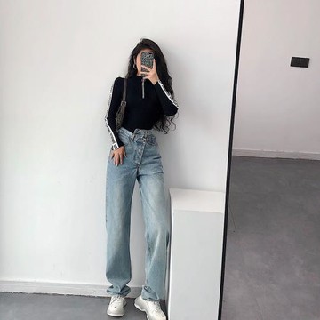 YoungGirlDay歐美街拍泫雅錯腰寬松顯瘦直筒闊腿老爹牛仔長褲