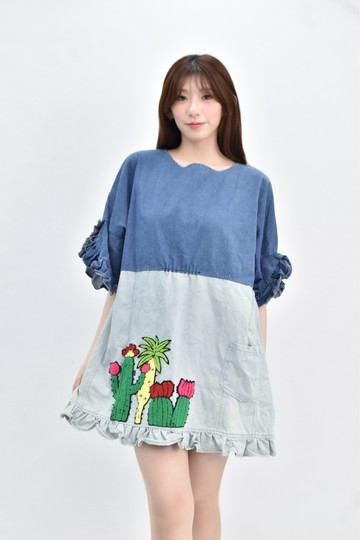 【加購優惠】(2XL) aktze 牛仔五分袖拼接花紋藍色洋裝