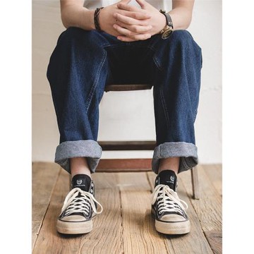 馬登工裝美式復古勞工闊腿牛仔褲男oversize深藍色寬松直筒老爹褲