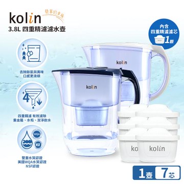 Kolin 歌林 3.8L濾水壺(內含四重濾芯*1)+四重濾芯6入(共1壺7芯/適用Brita)