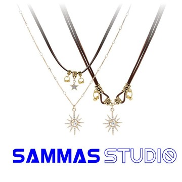 SAMMAS項錬美拉德雙層太陽星星皮繩項鍊復古項鏈秋冬辣妹個性小眾高級毛衣鏈