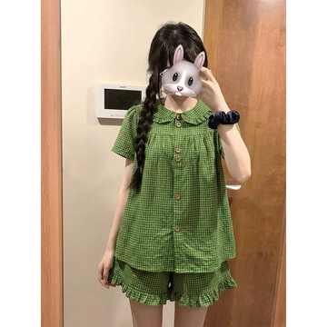 【臺灣出貨 免運】韓系少女綠色格子短袖睡衣夏季新款大碼寬鬆短褲家居服可外穿套裝