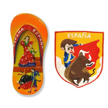 西班牙鬥牛弗朗明歌拖鞋立體磁鐵+西班牙 鬥牛士 ESPANA熨斗刺繡【2件組】 造型立體磁鐵 大門磁鐵 冰箱磁鐵 白板磁鐵 辦公磁鐵