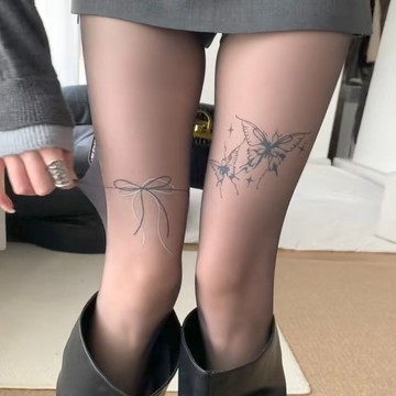 蝴蝶爆款黑絲印花蝴蝶結紋身絲襪襪子性感辣妹夏季打底連褲襪薄款 透膚絲襪 超薄絲襪 打底襪 性感絲襪 夏季光腿神器 連褲襪