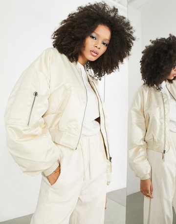ASOS EDITION satin cropped bomber jacket in stone-White