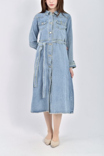 加購優惠(S) h t質感丹寧牛仔長袖排扣藍色綁帶洋裝