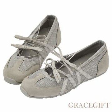 【Grace Gift】首爾芭蕾機能綁帶蝴蝶結瑪莉珍運動鞋 灰