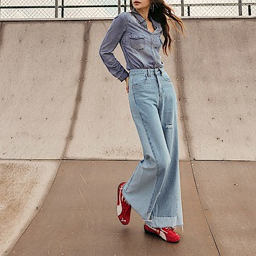 配色拼接不收邊牛仔直筒寬褲-OB大尺碼