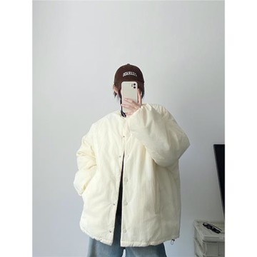 sun柚 秋冬季棉衣氣質米白色肌理感圓領面包服女寬松保暖棉服外套