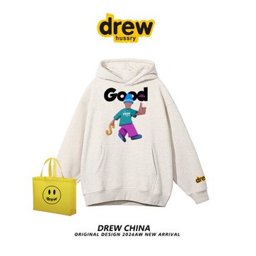 drew美式潮牌卡通嘻哈印花連帽衛衣男女秋冬休閑寬松情侶帽衫外套