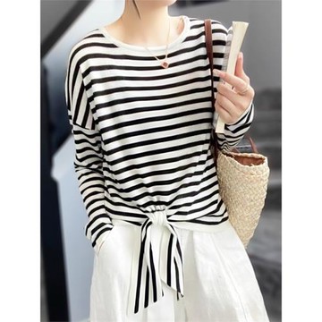 歐貨2026新款漂亮減齡長袖圓領條紋打底衫羊絨針織衫上衣毛衣女