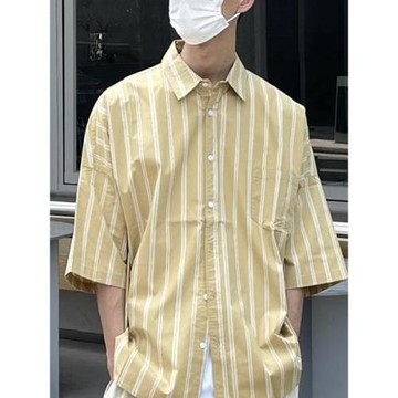 Pureピュア 23SS 日系極簡 雙寬條紋淺黃色寬松短袖襯衫夏季新款