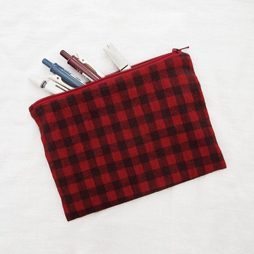 格紋混紡收納袋/筆袋/化妝包/緋紅色