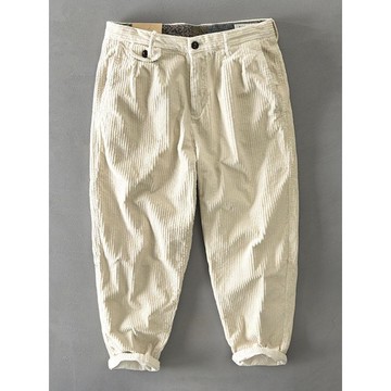 秋冬季日系美式復古燈芯絨褲男 寬鬆條絨加厚保暖工裝休閒長褲白色