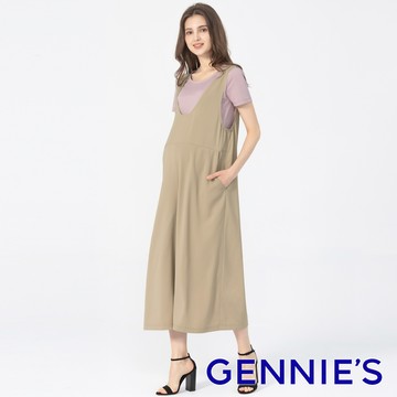 Gennies奇妮 大U領吊帶連身孕婦寬褲(卡其TJN04)