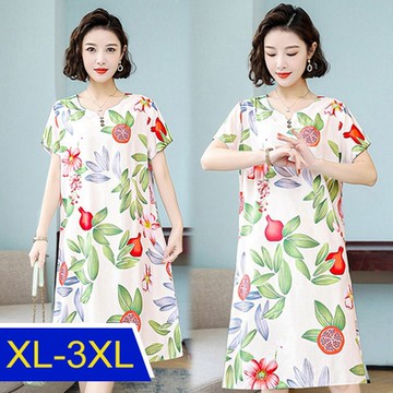 [韓國K.W.]石榴花版棉稠休閒洋裝(涼感/連身裙/中長裙/長裙/輕薄/短袖)