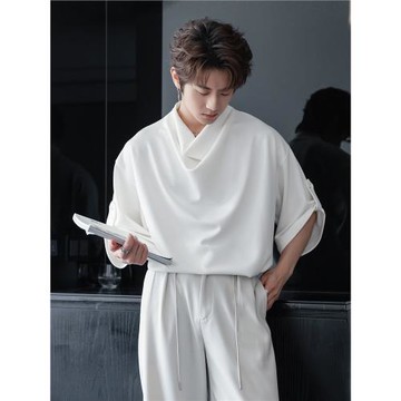 CHICERRO西西里男裝新款寬松堆堆領白色中袖痞帥設計感短袖t恤男