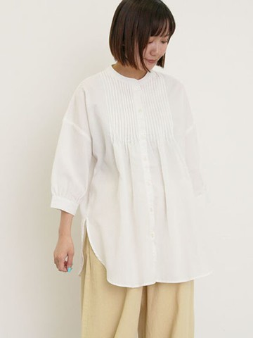 素面/格紋胸前細褶排釦無領襯衫(0F000729410) - Samansa Mos2