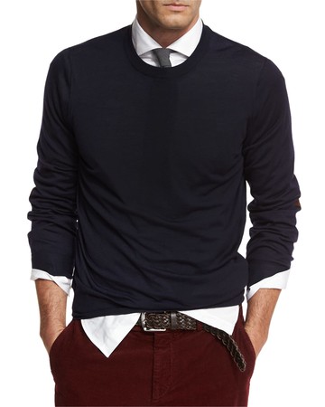 Men's Fine-Gauge Knit Elbow-Patch Sweater