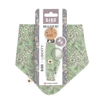 丹麥BIBS - Liberty Bandana Bib Bundle有機棉圍兜&奶嘴鍊組-Capel灰綠