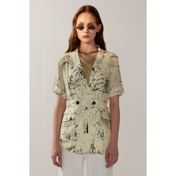 AVVJOY法式建築印花七分袖西裝外套(附腰帶)