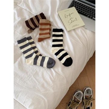 細細條 堆堆襪女秋冬款韓版ins風撞色條紋百搭運動中筒襪復古襪子