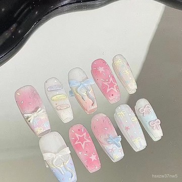 🔥臺灣出貨🔥甜甜糖糕半手工美甲穿戴甲多巴胺蝴蝶結夏日貓眼指甲顯白高級美甲 BG3C
