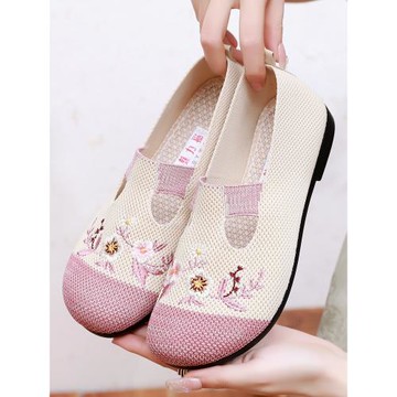 老北京布鞋女鞋民族風繡花懶人鞋軟底飛織網面漁夫鞋平底媽媽單鞋