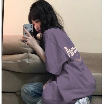 現貨當天出！100%純棉寬鬆短袖上衣鯊魚印花短袖上衣女紫色上衣大尺碼上衣oversize t恤上衣下半身失蹤設計感t恤