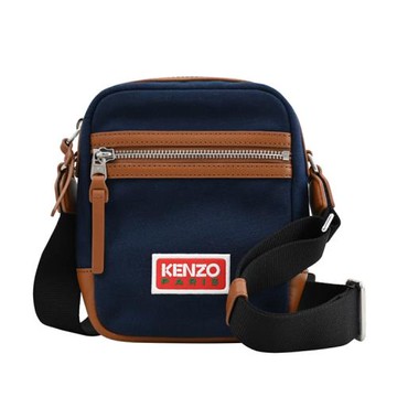 KENZO 5SA118 品牌LOGO帆布中性斜背小方包.深藍/咖