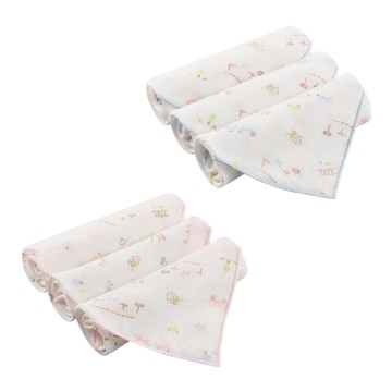 康貝 Combi 純棉柔紗快樂車車系列-手帕3入組/口水巾/小方巾(藍/粉)