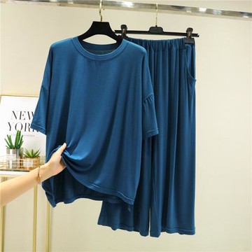 睡衣女夏季大碼寬松莫代爾短袖家居服外穿薄款T恤七分褲休閑套裝