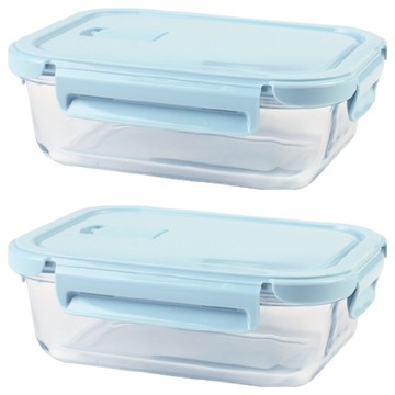 HIKARI 日光生活 微波玻璃保鮮盒 M171 藍色 650ml  2個  容器1個 + 蓋子1個