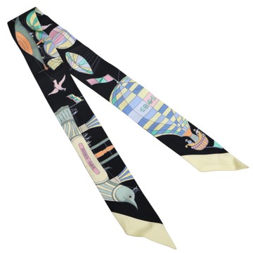 HERMES 愛馬仕 黑色 絲綢 絲巾 Les Folies du Ciel Twilly 【二手名牌BRAND OFF】