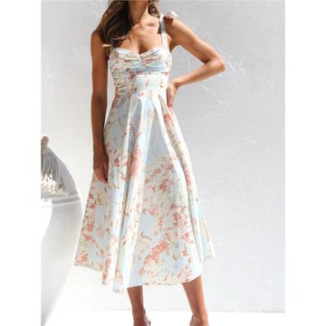 甜美夏季新品小碎花印花修身顯瘦收腰A字吊帶中長款連衣裙女DRESS