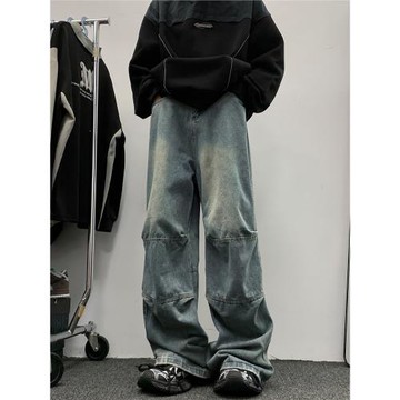 美式水洗做舊拼接闊腿牛仔褲男潮牌高街復古寬松直筒休閑拖地長褲