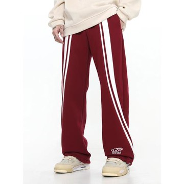 美式潮牌條紋寬松直筒墜感闊腿褲春季休閑長褲運動褲國潮紅色衛褲