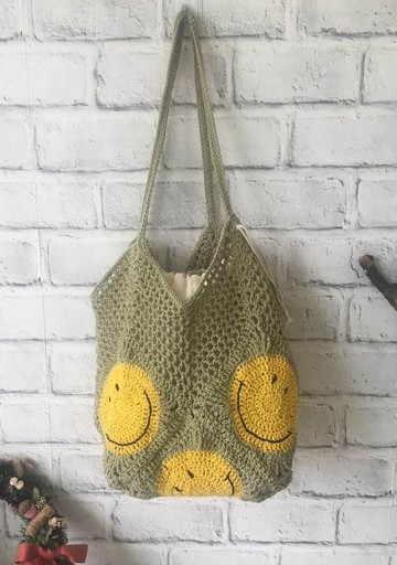 手作純棉大微笑大容量編織包附內袋/肩背包/購物袋/渡假包~抹茶綠