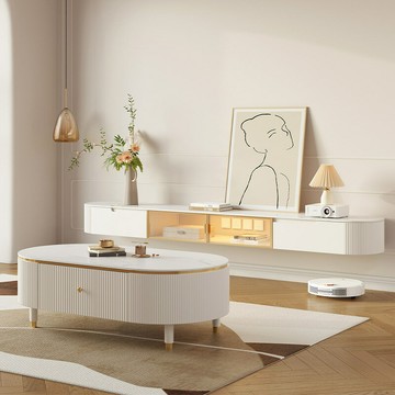 茶幾 免運熱銷 附發票 快速出貨 木月輕奢電視櫃茶幾組合客廳巖板茶幾大小戶型現代簡約壁掛電視櫃