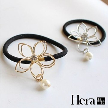 Hera 赫拉 韓版唯美鏤空花朵鐵藝珍珠吊墜髮圈兩入組