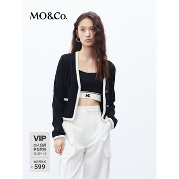 MOCO針織衫開衫春小香風含綿羊毛菱格肌理V領撞邊短款摩安珂