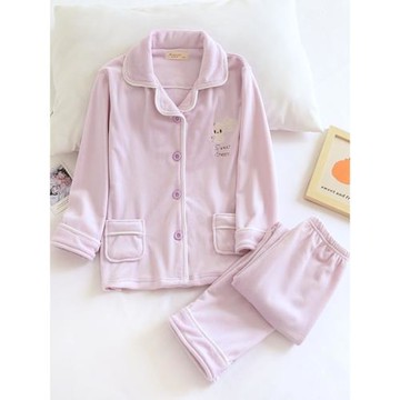 米筱米兒童冬季海島絨加厚可愛刺繡粉色兔子長袖睡衣套女童家居服